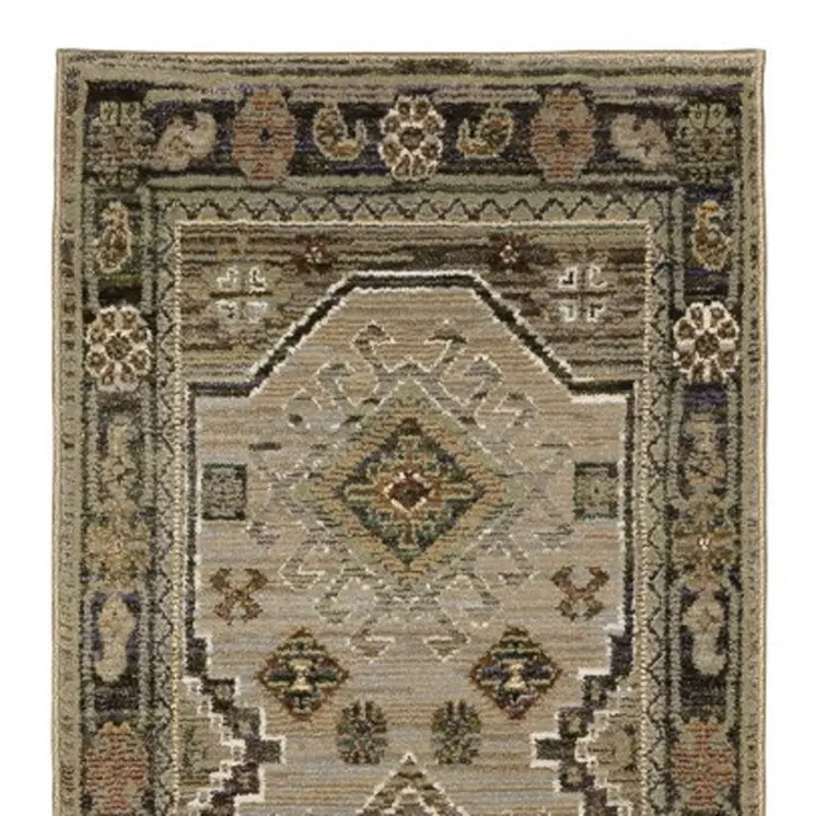 12' Gray And Green Tribal Runner Rug