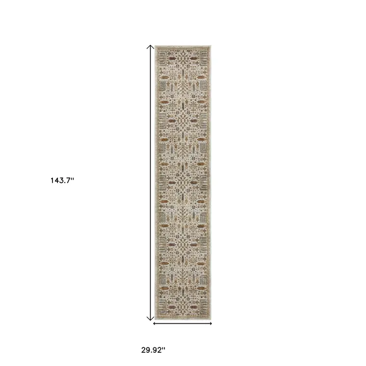 12' Ivory And Gold Oriental Runner Rug