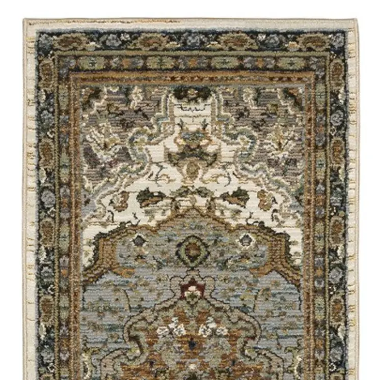 12' Ivory And Blue Oriental Runner Rug