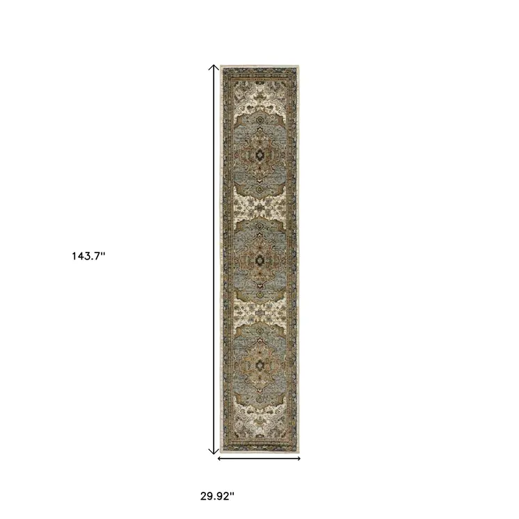 12' Ivory And Blue Oriental Runner Rug