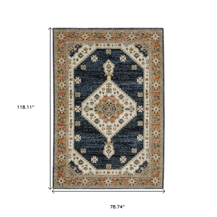 7' X 10' Blue And Orange Medallion Area Rug