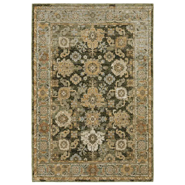7' X 10' Green And Gold Oriental Area Rug