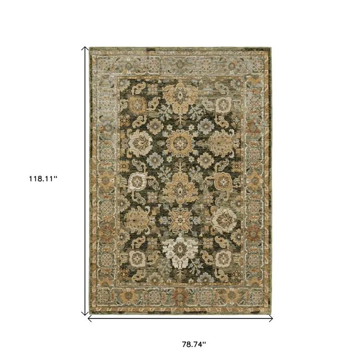 7' X 10' Green And Gold Oriental Area Rug