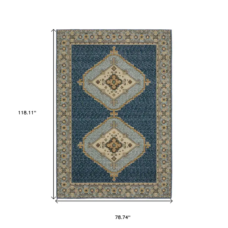 7' X 10' Blue And Gold Medallion Area Rug