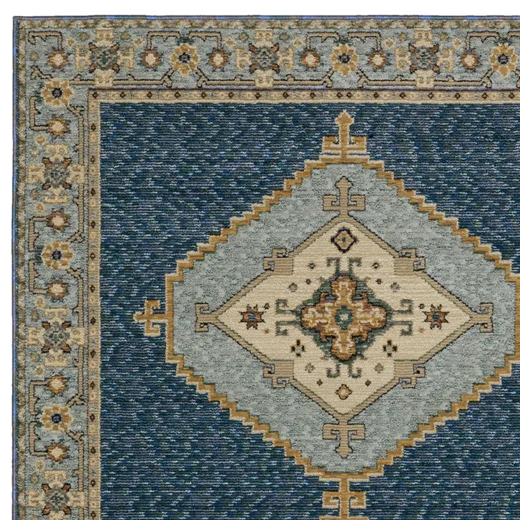 7' X 10' Blue And Gold Medallion Area Rug