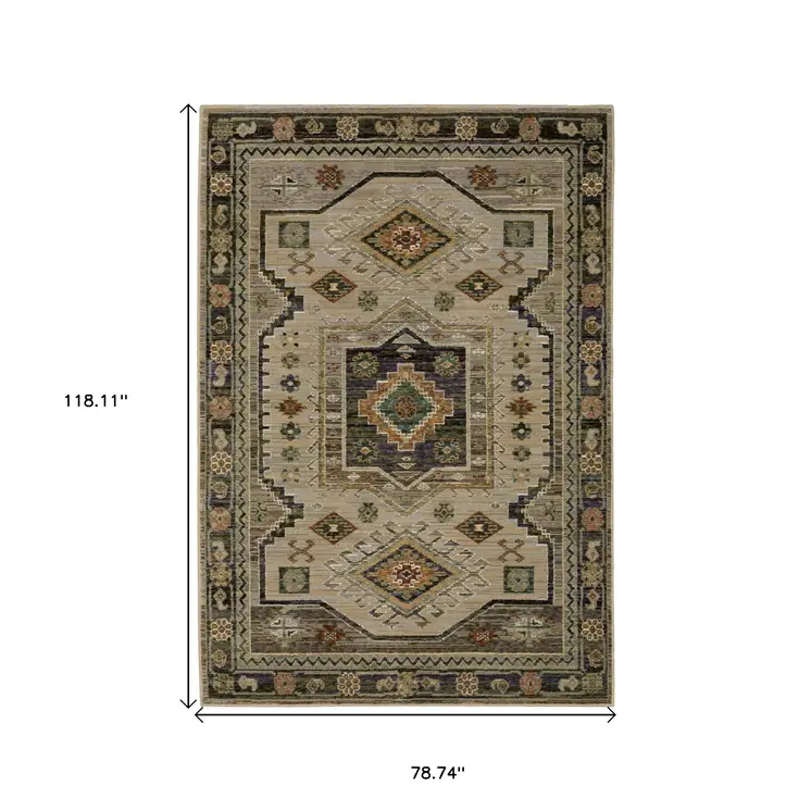 7' X 10' Gray And Green Tribal Area Rug