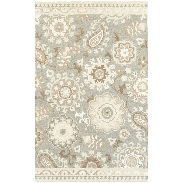 10' X 13' Gray And Sand Wool Floral Hand Tufted Area Rug