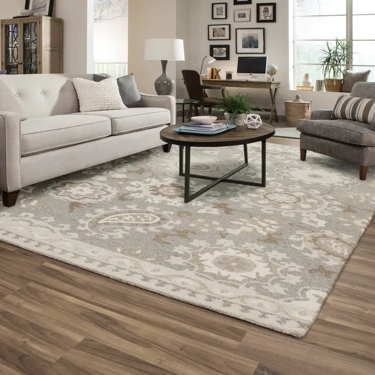 10' X 13' Gray And Sand Wool Floral Hand Tufted Area Rug