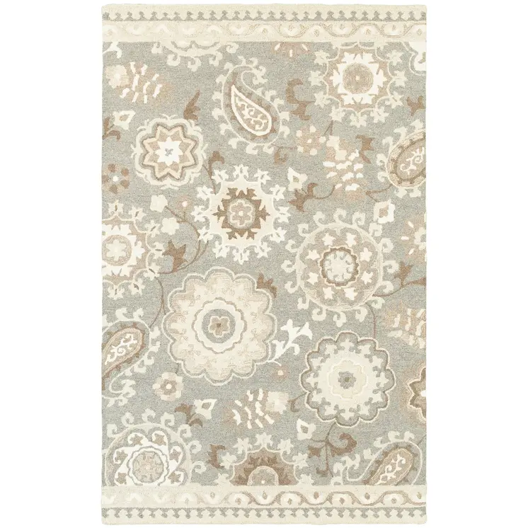 10' X 13' Gray And Sand Wool Floral Hand Tufted Area Rug