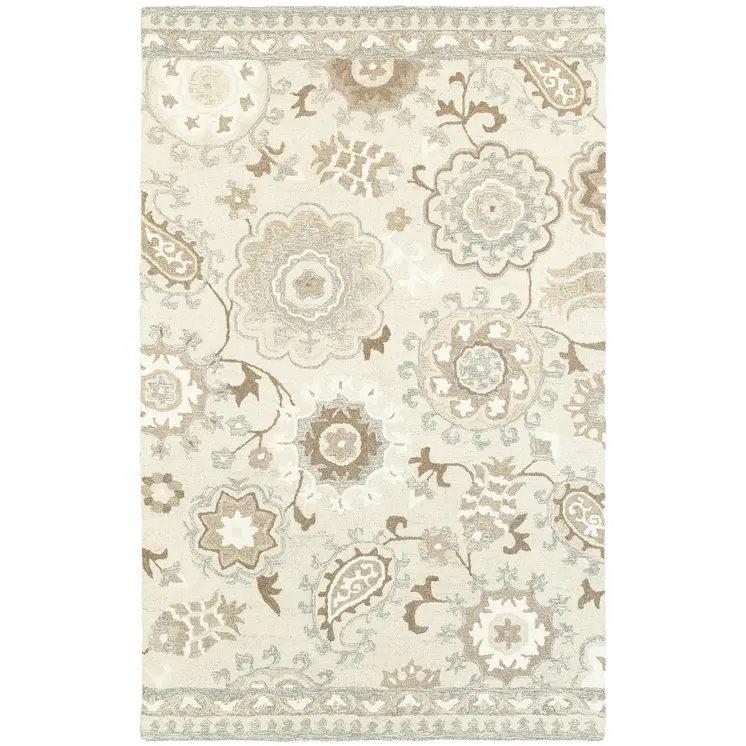 10' X 13' Ivory And Gray Wool Floral Hand Tufted Area Rug