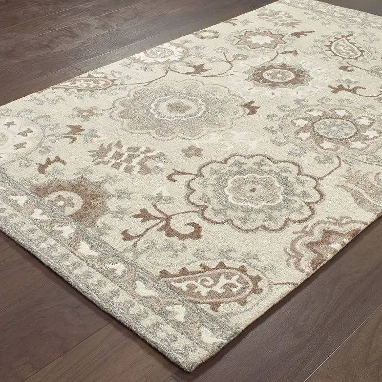 10' X 13' Ivory And Gray Wool Floral Hand Tufted Area Rug