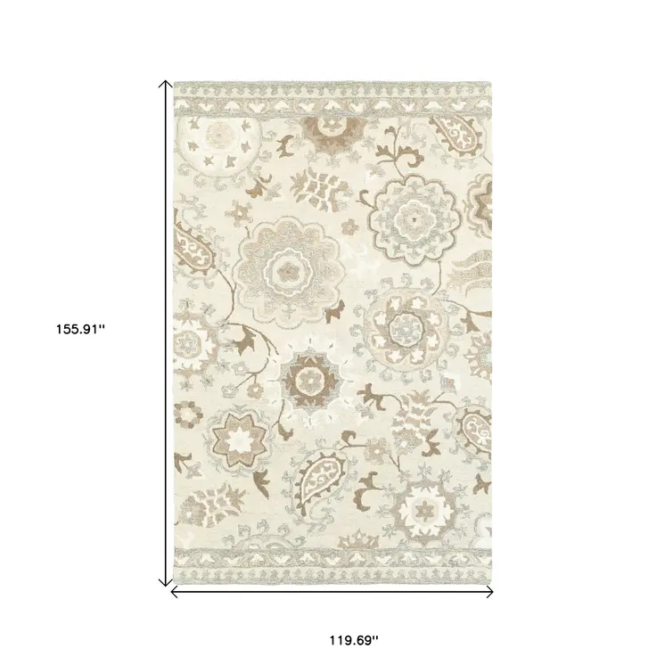 10' X 13' Ivory And Gray Wool Floral Hand Tufted Area Rug