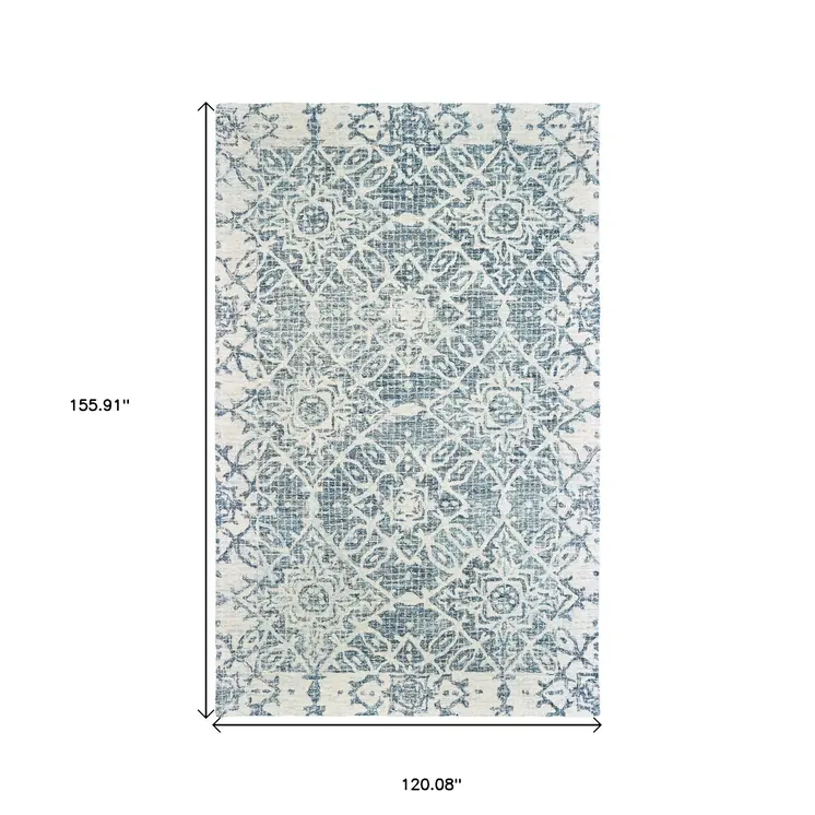 10' X 13' Blue And Ivory Wool Geometric Hand Tufted Area Rug