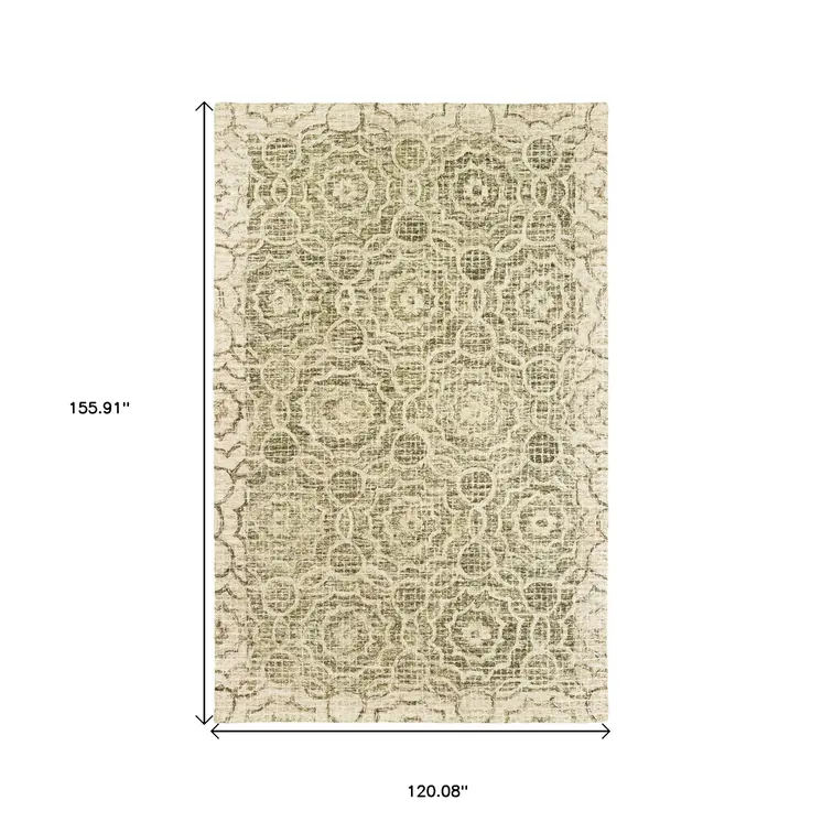 10' X 13' Green And Ivory Wool Geometric Hand Tufted Area Rug