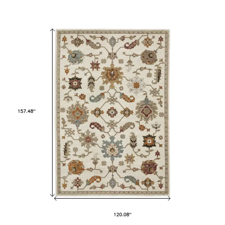 10' X 13' Ivory Gray And Teal Oriental Area Rug