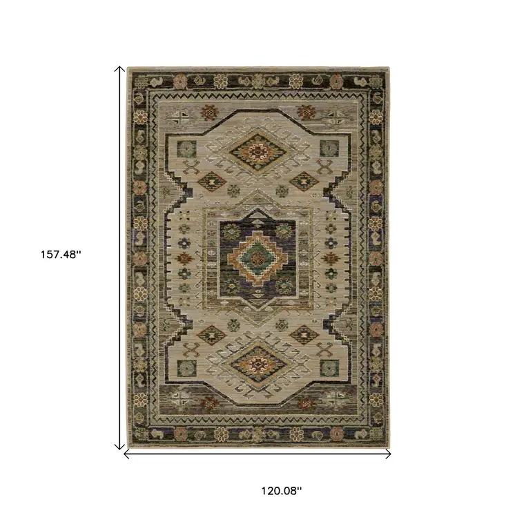 10' X 13' Gray And Green Tribal Area Rug