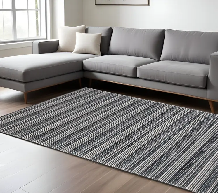 10' X 13' Black And Ivory Striped Hand Tufted Area Rug