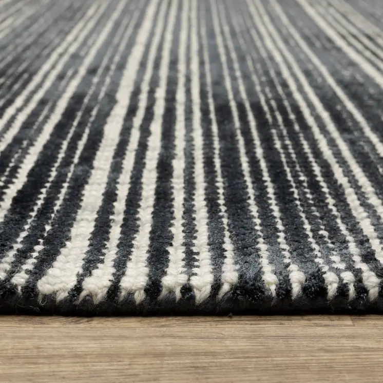 10' X 13' Black And Ivory Striped Hand Tufted Area Rug