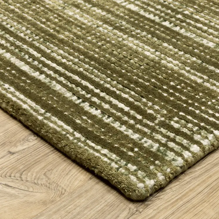 10' X 13' Green And Ivory Striped Hand Tufted Area Rug