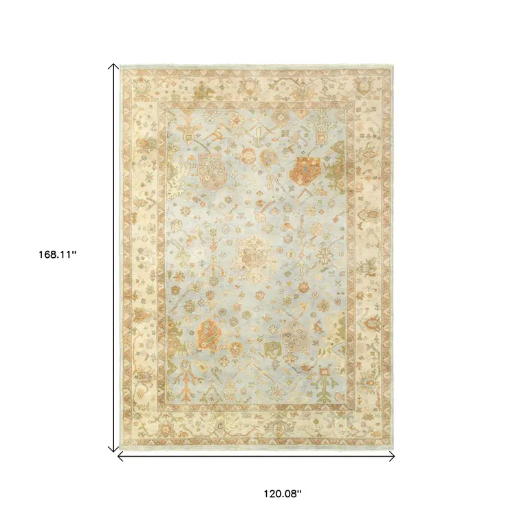 10' X 14' Blue And Sand Wool Oriental Hand Knotted Area Rug