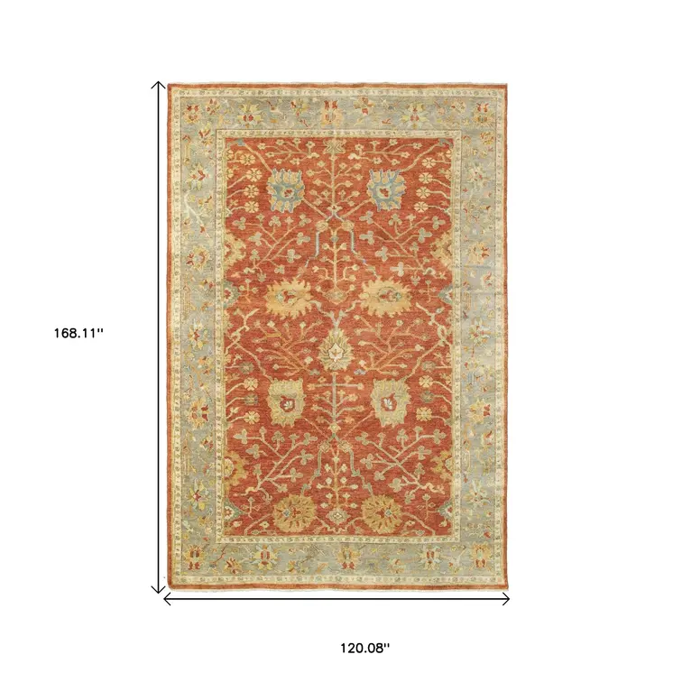 10' X 14' Red And Gray Wool Oriental Hand Knotted Area Rug