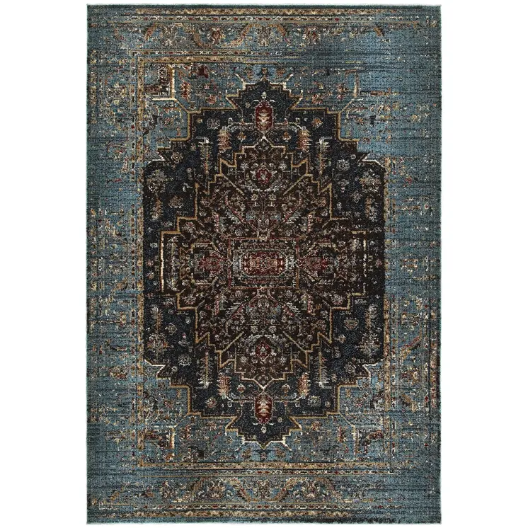 10' X 13' Blue And Navy Blue Medallion Area Rug