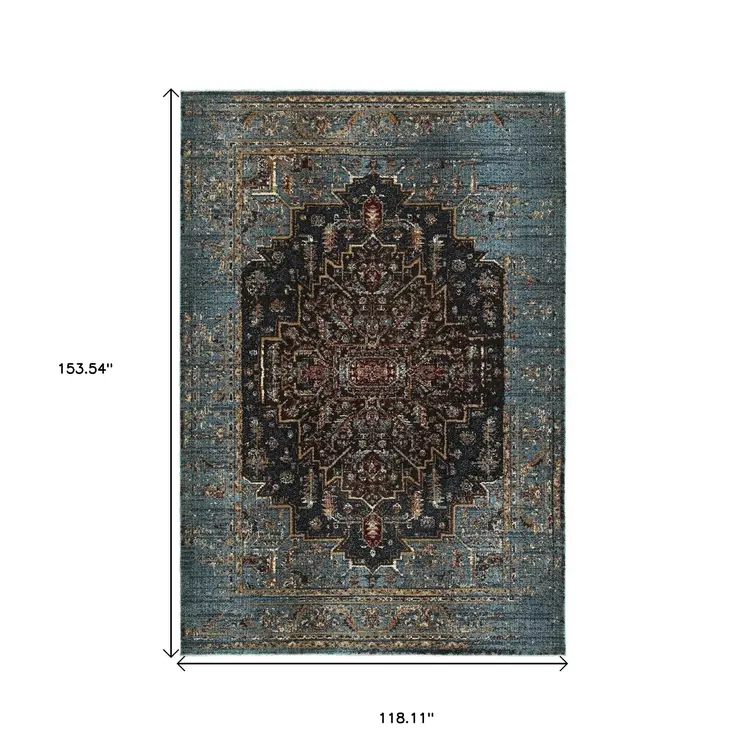 10' X 13' Blue And Navy Blue Medallion Area Rug