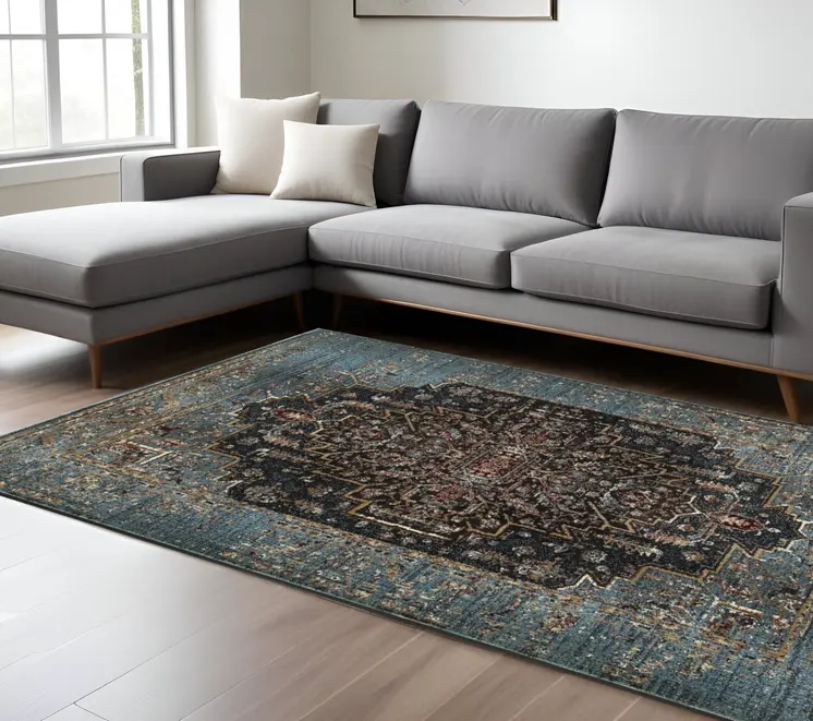10' X 13' Blue And Navy Blue Medallion Area Rug