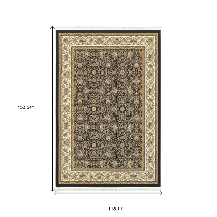 10' X 13' Navy Blue And Ivory Oriental Area Rug With Fringe