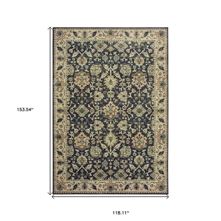 10' X 13' Navy Blue And Ivory Oriental Area Rug