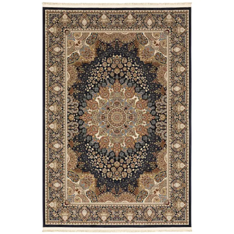 10' X 13' Navy Blue Tan And Ivory Medallion Area Rug With Fringe