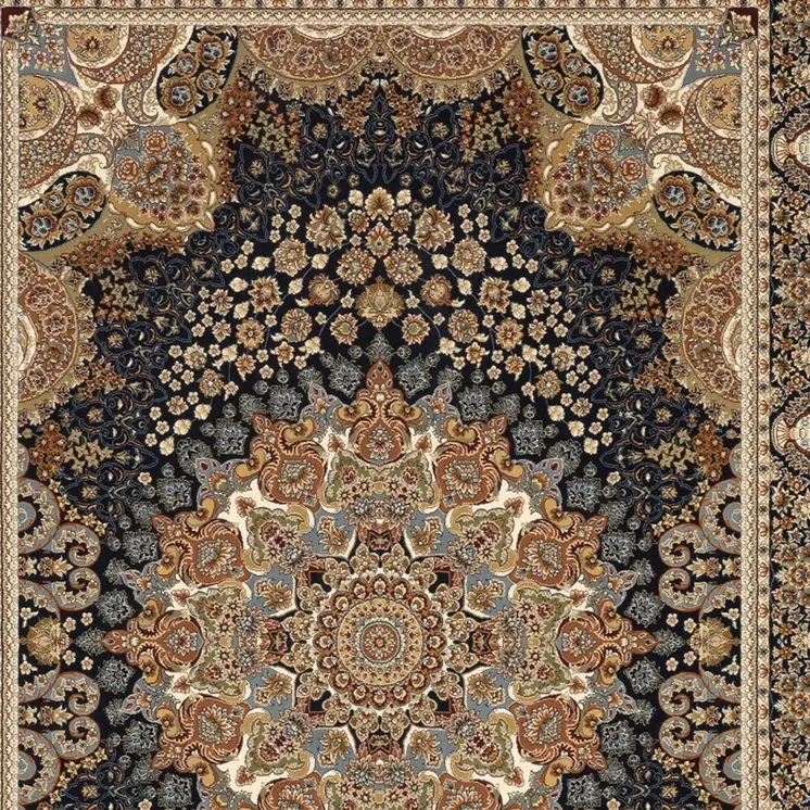 10' X 13' Navy Blue Tan And Ivory Medallion Area Rug With Fringe
