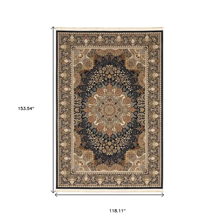 10' X 13' Navy Blue Tan And Ivory Medallion Area Rug With Fringe