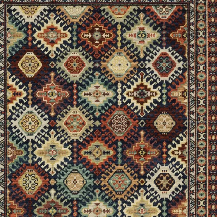 10' X 13' Navy Blue Red And Orange Oriental Area Rug With Fringe
