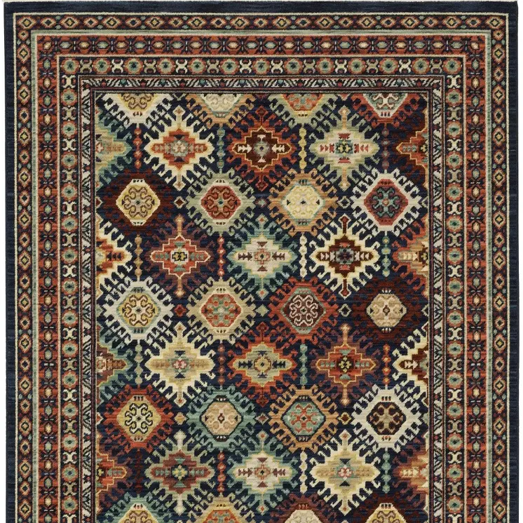 10' X 13' Navy Blue Red And Orange Oriental Area Rug With Fringe