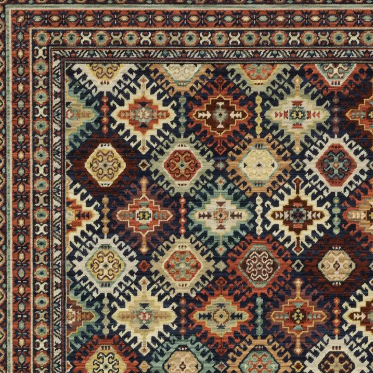 8' X 11' Navy Blue Red And Orange Oriental Area Rug With Fringe