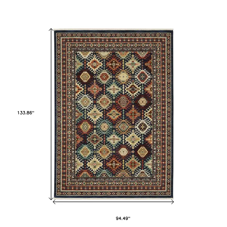 8' X 11' Navy Blue Red And Orange Oriental Area Rug With Fringe