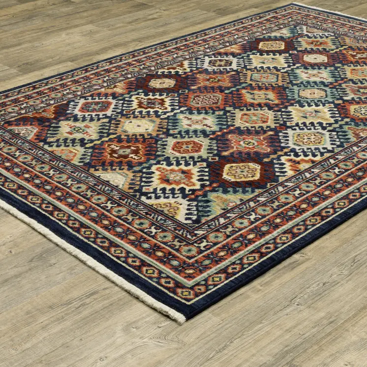 8' X 11' Navy Blue Red And Orange Oriental Area Rug With Fringe