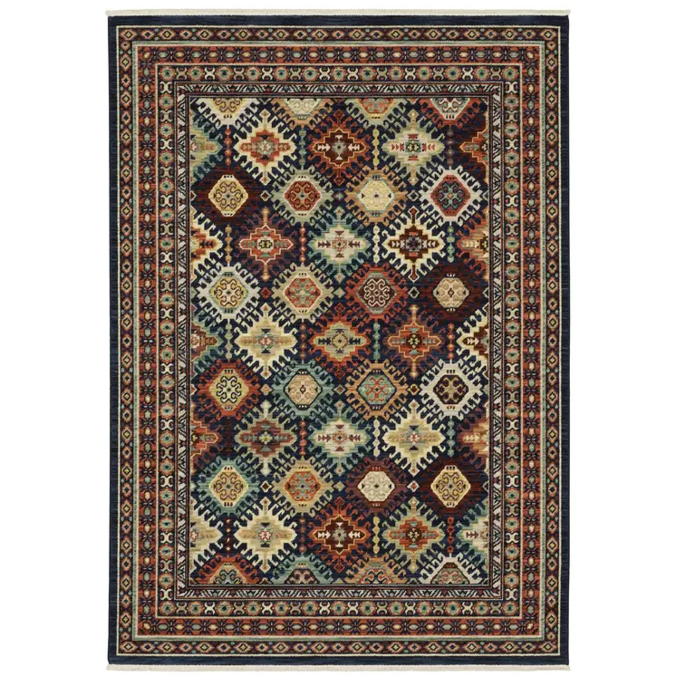 8' X 11' Navy Blue Red And Orange Oriental Area Rug With Fringe