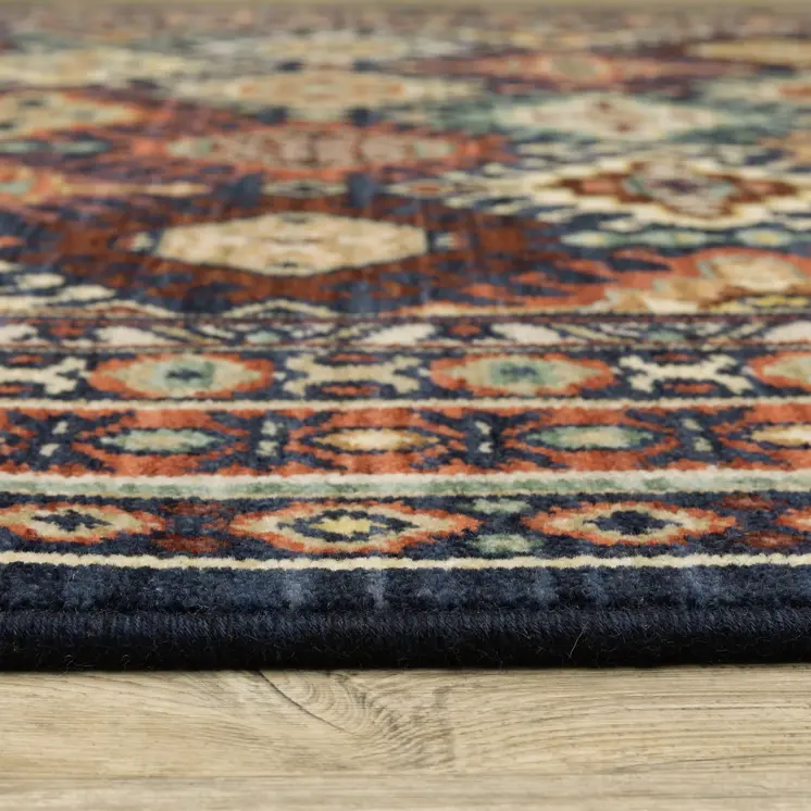 8' X 11' Navy Blue Red And Orange Oriental Area Rug With Fringe