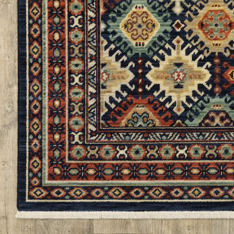 8' X 11' Navy Blue Red And Orange Oriental Area Rug With Fringe