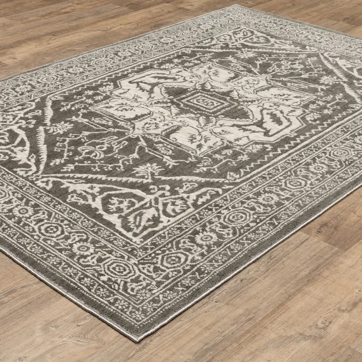 10' X 13' Gray And Ivory Oriental Area Rug