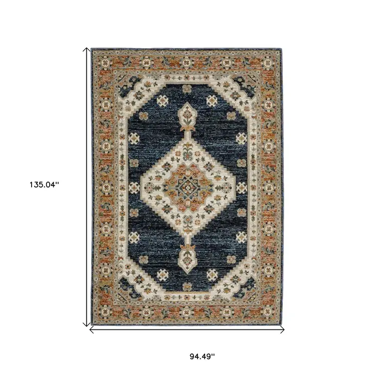 8' X 11' Blue And Orange Medallion Area Rug