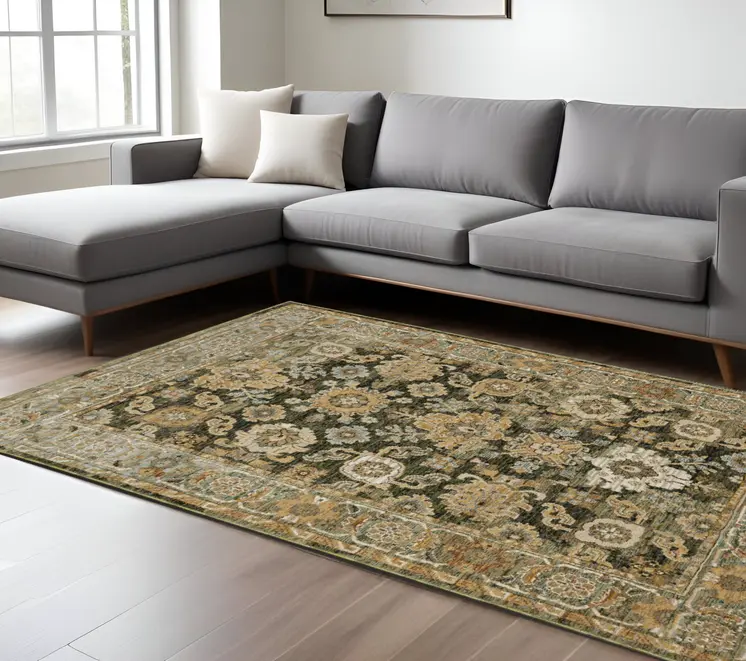 9' X 12' Green And Gold Oriental Area Rug