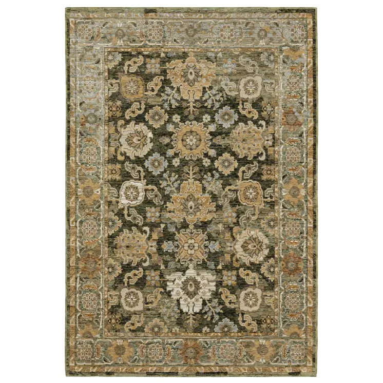 9' X 12' Green And Gold Oriental Area Rug