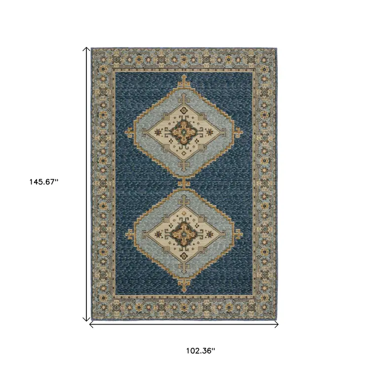 9' X 12' Blue And Gold Medallion Area Rug