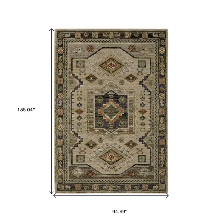 8' X 11' Gray And Green Tribal Area Rug