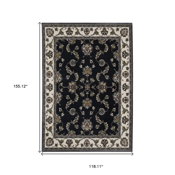 10' X 13' Navy Blue And Ivory Oriental Area Rug With Fringe