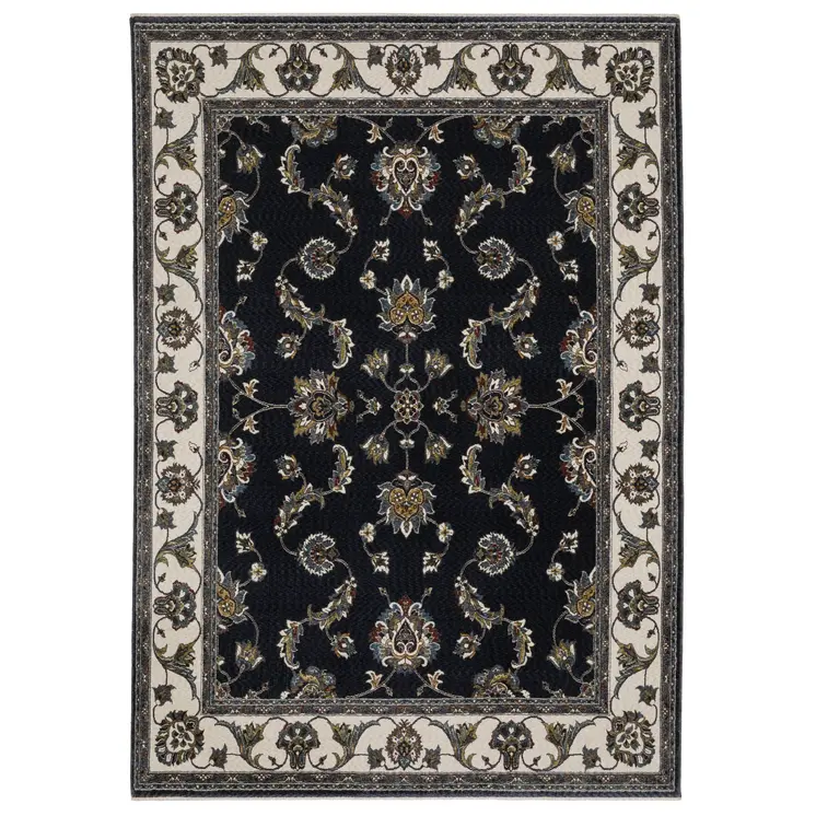 10' X 13' Navy Blue And Ivory Oriental Area Rug With Fringe
