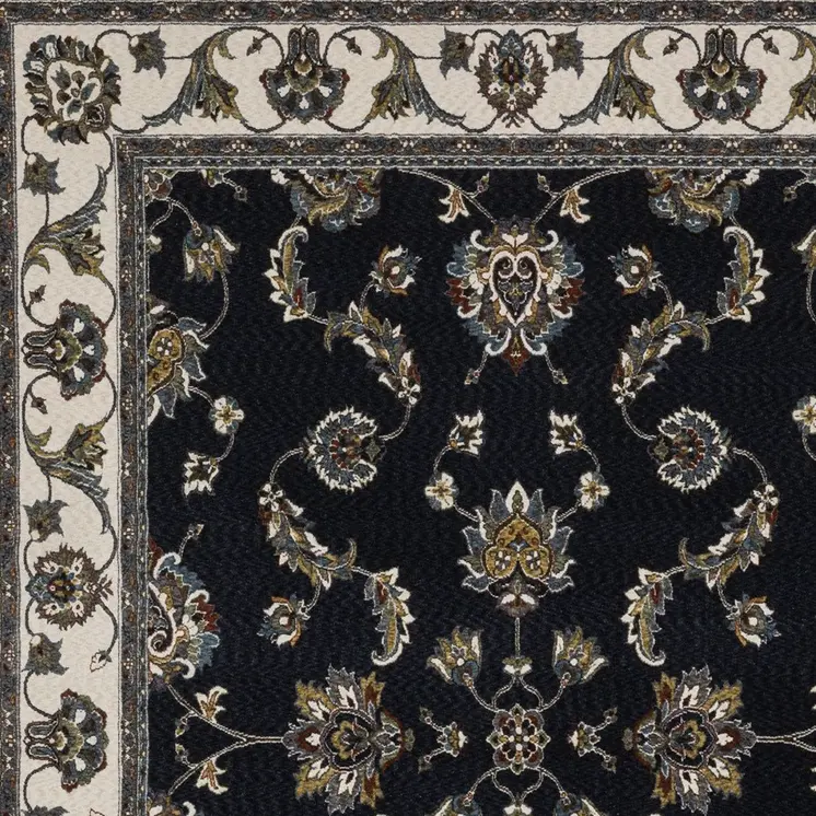 10' X 13' Navy Blue And Ivory Oriental Area Rug With Fringe